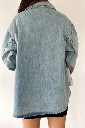 Women's Blue Double Pocket Washed Denim Shirt Jacket