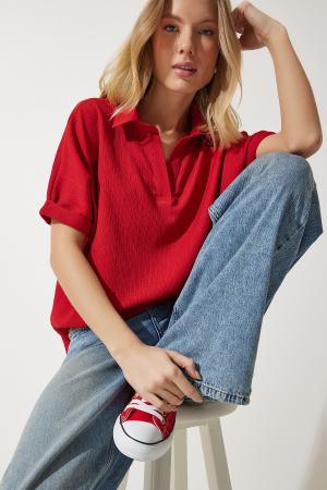 Crinkle knitted blouse with collar