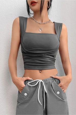 Square Neck Gathered Detail Crop Blouse
