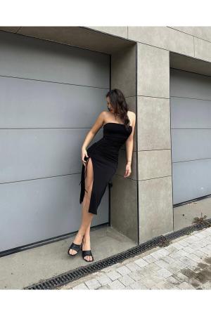 Strapless Black Color Slit Women's Dress