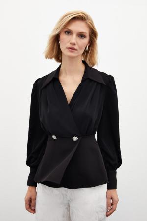 Shirt Collar Blouse - BLACK