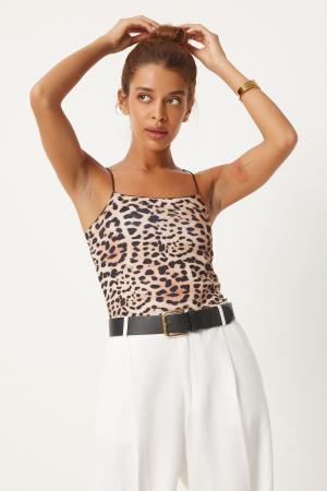 Leopard Strap Crop Knit Blouse