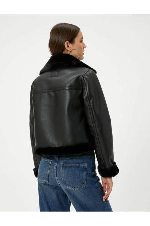 Faux leather coat with fur collar