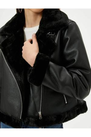 Faux leather coat with fur collar