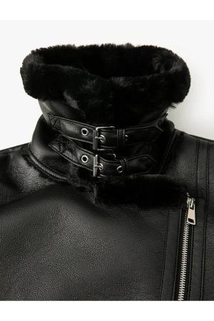 Faux leather coat with fur collar