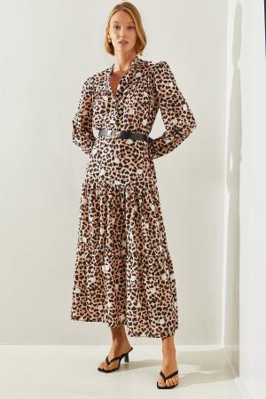 Women's Button Closure Leopard Patterned Polka Dot Long Dress