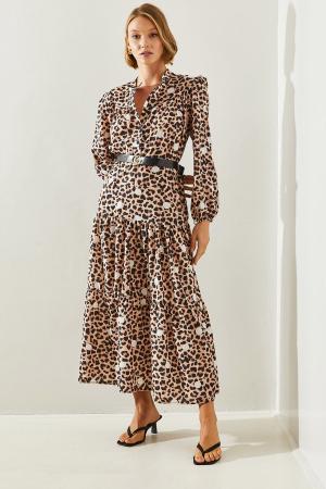 Women's Button Closure Leopard Patterned Polka Dot Long Dress