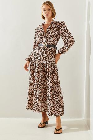 Women's Button Closure Leopard Patterned Polka Dot Long Dress