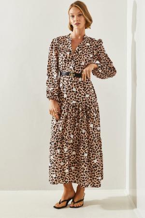 Women's Button Closure Leopard Patterned Polka Dot Long Dress