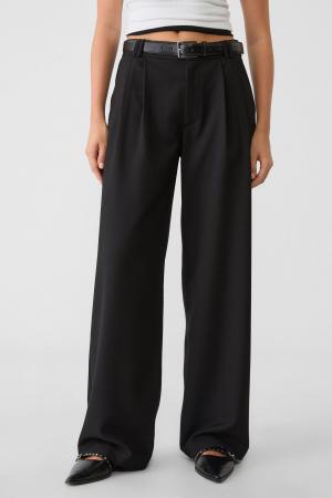 Belted and wide-leg fabric trousers