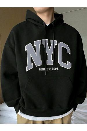 Unisex Black NYC Custom Printed Cotton Oversize Hooded Sweatshirt