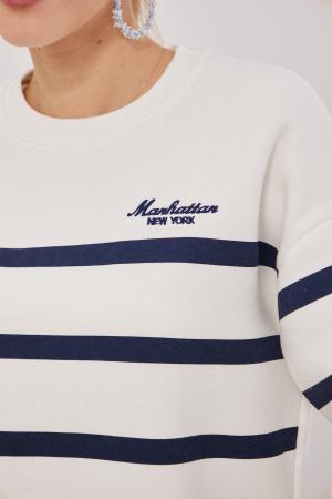 Striped Embroidered Three Thread Sweat WHITE-DARK BLUE