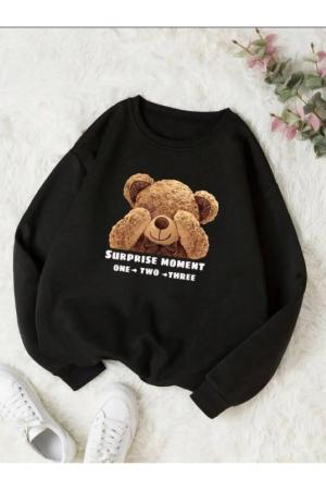 Shy Teddy Bear Printed Crew Neck Black Women's Sweatshirt